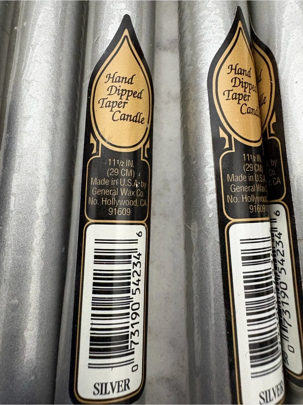 6 USA made hand dipped silver taper candles 12” tall.  6